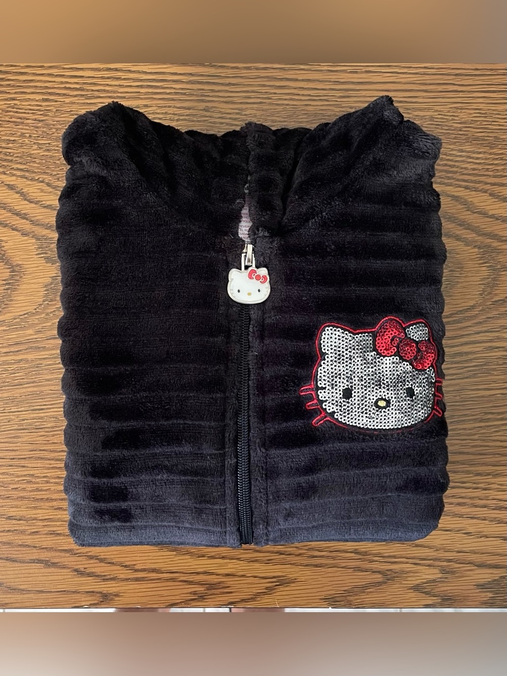 Hello Kitty Black Plush Zip-Up Sweater with Sequin Patch